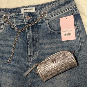 Juicy Couture Blue Jeans with Heart Detail Detachable Chain Belt Plus Bonus Bag